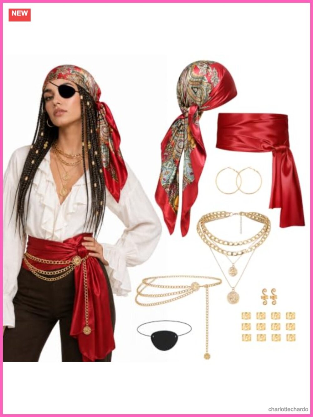 19PC Womens Pirate Costume Accessory Set Polyester Bandana Alloy Jewelry